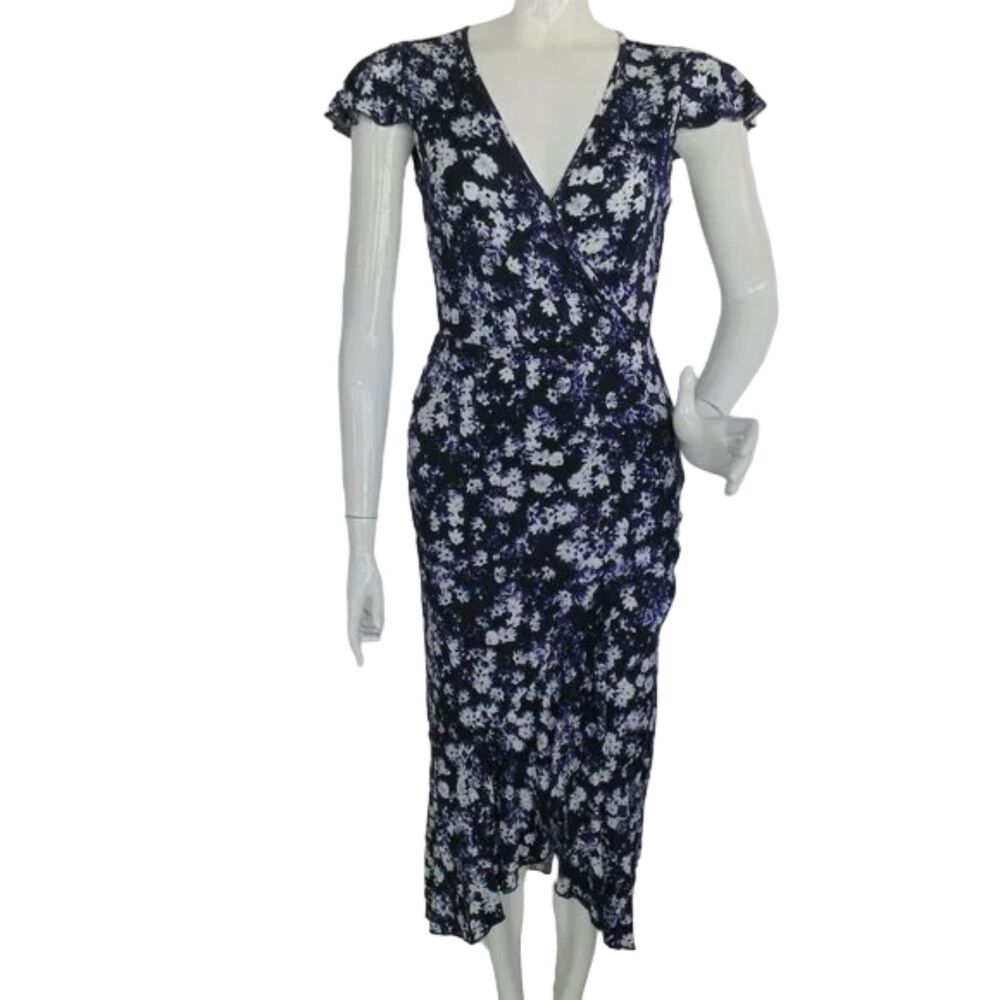 JUICY COUTURE Dress, XS, Blue floral, Flutter sleeve, Surplice, Faux Wrap